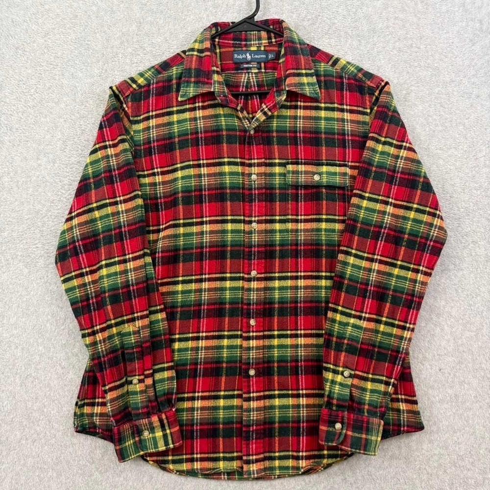 Ralph Lauren Mens Large Custom Fit Plaid Flannel Shirt Red Green Tartan Brushed